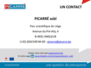 PICARRÉ asbl
Parc scientifique de Liège
Avenue du Pré-Aily, 4
B-4031 ANGLEUR
(+32) (0)4/349 84 00 - picarre@picarre.be
Visitez notre site web www.picarre.be
Et notre page www.linkedin.com/company/picarre_asbl
UN CONTACT
 