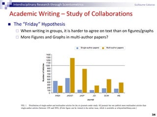 34
Academic Writing – Study of Collaborations
 The “Friday” Hypothesis
 When writing in groups, it is harder to agree on text than on figures/graphs
 More Figures and Graphs in multi-author papers?
Interdisciplinary Research through Scientometrics Guillaume Cabanac
 