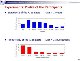 53
Experiments: Profile of the Participants
 Experience of the 71 subjects Mdn = 13 years
74
 Productivity of the 71 subjects Mdn = 15 publications
NumberofparticipantsNumberofparticipants
Seniority
Number of publications
Interdisciplinary Research through Scientometrics Guillaume Cabanac
 