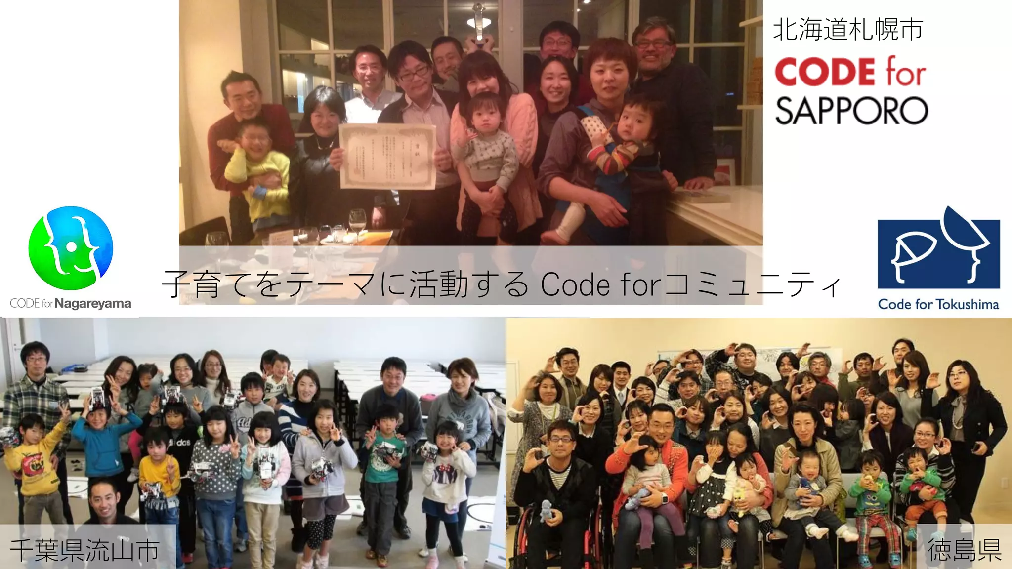 子育てをテーマに活動する Code forコミュニティ
千葉県流山市
北海道札幌市
徳島県
 