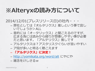 ※Alteryxの読み方について
2014/12/01(プレスリリース日)の社内・・・
– 弊社としては『オルタリクス』推しという事で宜し
いでしょうか＞ALL
– 音的には「オータリックス」と聞こえるのですが、
広まる為には読みから綴りが想像しやすい事が必要
だと思います。「アルテリクス」推しです
– アルタリクスは？アスタリスクぐらいが言いやすい
– ア段が多いと明るく聴こえます
– 「アルタリクス」に決定！
– http://yomikata.org/word/alt にやにや
– 雑念をけしさるｗ
classmethod.jp 6
 