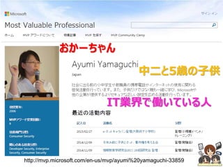 おかーちゃん
中二と5歳の子供
IT業界で働いている人
http://mvp.microsoft.com/en-us/mvp/ayumi%20yamaguchi-33859
 