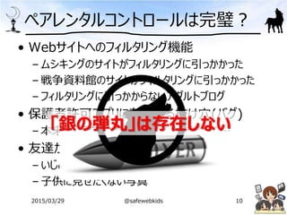 • Webサイトへのフィルタリング機能
– ムシキングのサイトがフィルタリングに引っかかった
– 戦争資料館のサイトがフィルタリングに引っかかった
– フィルタリングに引っかからないアダルトブログ
• 保護者許可アプリに存在する抜け穴(バグ)
– 本来はブラウジング機能がないはずなのに…
• 友達から送信される内容
– いじめ的な言葉
– 子供に見せたくない写真
ペアレンタルコントロールは完璧？
「銀の弾丸」は存在しない
2015/03/29 @safewebkids 10
 