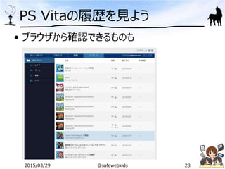 PS Vitaの履歴を見よう
• ブラウザから確認できるものも
2015/03/29 @safewebkids 28
 