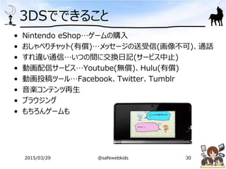 3DSでできること
• Nintendo eShop…ゲームの購入
• おしゃべりチャット(有償)…メッセージの送受信(画像不可)、通話
• すれ違い通信…いつの間に交換日記(サービス中止)
• 動画配信サービス…Youtube(無償)、Hulu(有償)
• 動画投稿ツール…Facebook、Twitter、Tumblr
• 音楽コンテンツ再生
• ブラウジング
• もちろんゲームも
302015/03/29 @safewebkids
 