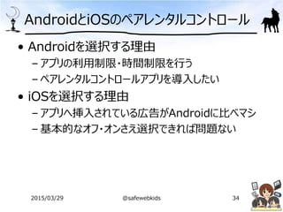 AndroidとiOSのペアレンタルコントロール
• Androidを選択する理由
– アプリの利用制限・時間制限を行う
– ペアレンタルコントロールアプリを導入したい
• iOSを選択する理由
– アプリへ挿入されている広告がAndroidに比べマシ
– 基本的なオフ・オンさえ選択できれば問題ない
2015/03/29 @safewebkids 34
 