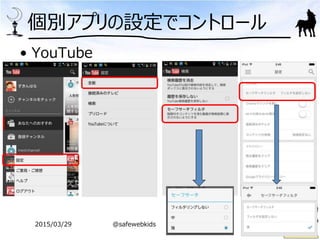 個別アプリの設定でコントロール
• YouTube
2015/03/29 @safewebkids
 