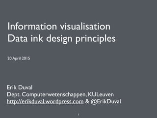 Information visualisation 
Data ink design principles
20 April 2015
Erik Duval
Dept. Computerwetenschappen, KULeuven
http://erikduval.wordpress.com & @ErikDuval
1
 