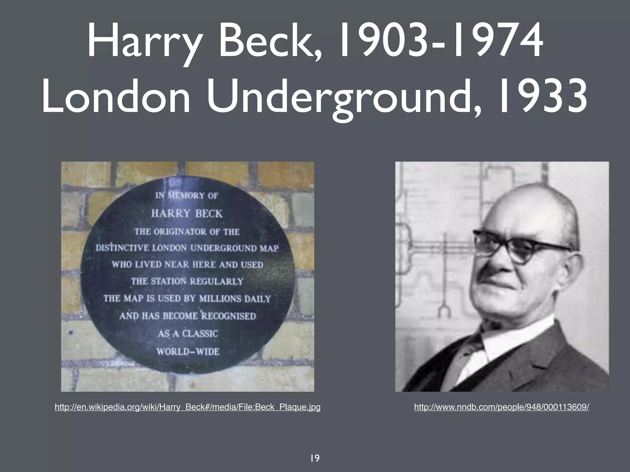 Harry Beck, 1903-1974
London Underground, 1933
19
http://www.nndb.com/people/948/000113609/http://en.wikipedia.org/wiki/Harry_Beck#/media/File:Beck_Plaque.jpg
 
