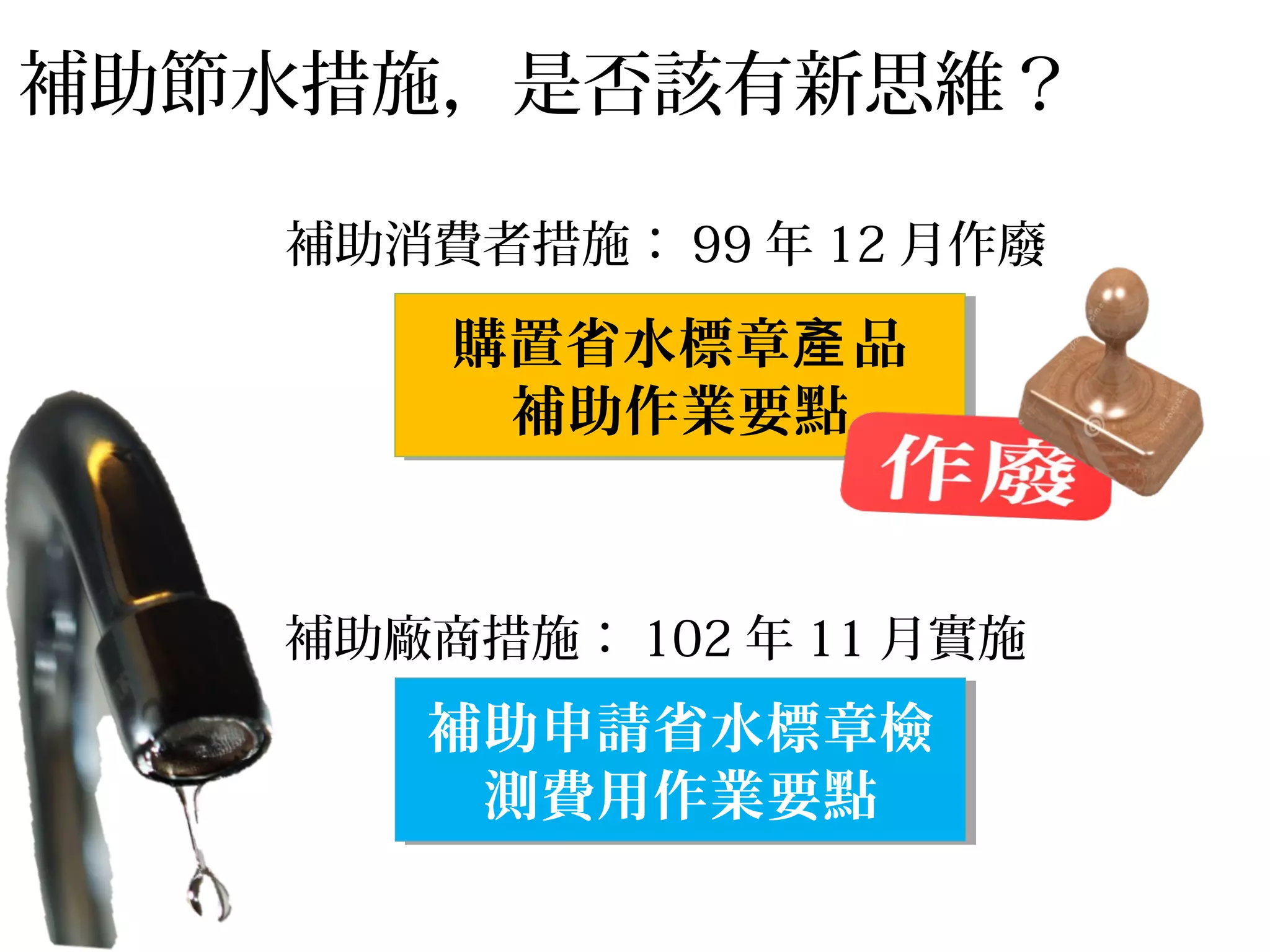補助節水措施，是否該有新思維？
購置省水標章 品產
補助作業要點
購置省水標章 品產
補助作業要點
補助申請省水標章檢
測費用作業要點
補助申請省水標章檢
測費用作業要點
補助消費者措施： 99 年 12 月作廢
補助廠商措施： 102 年 11 月實施
 