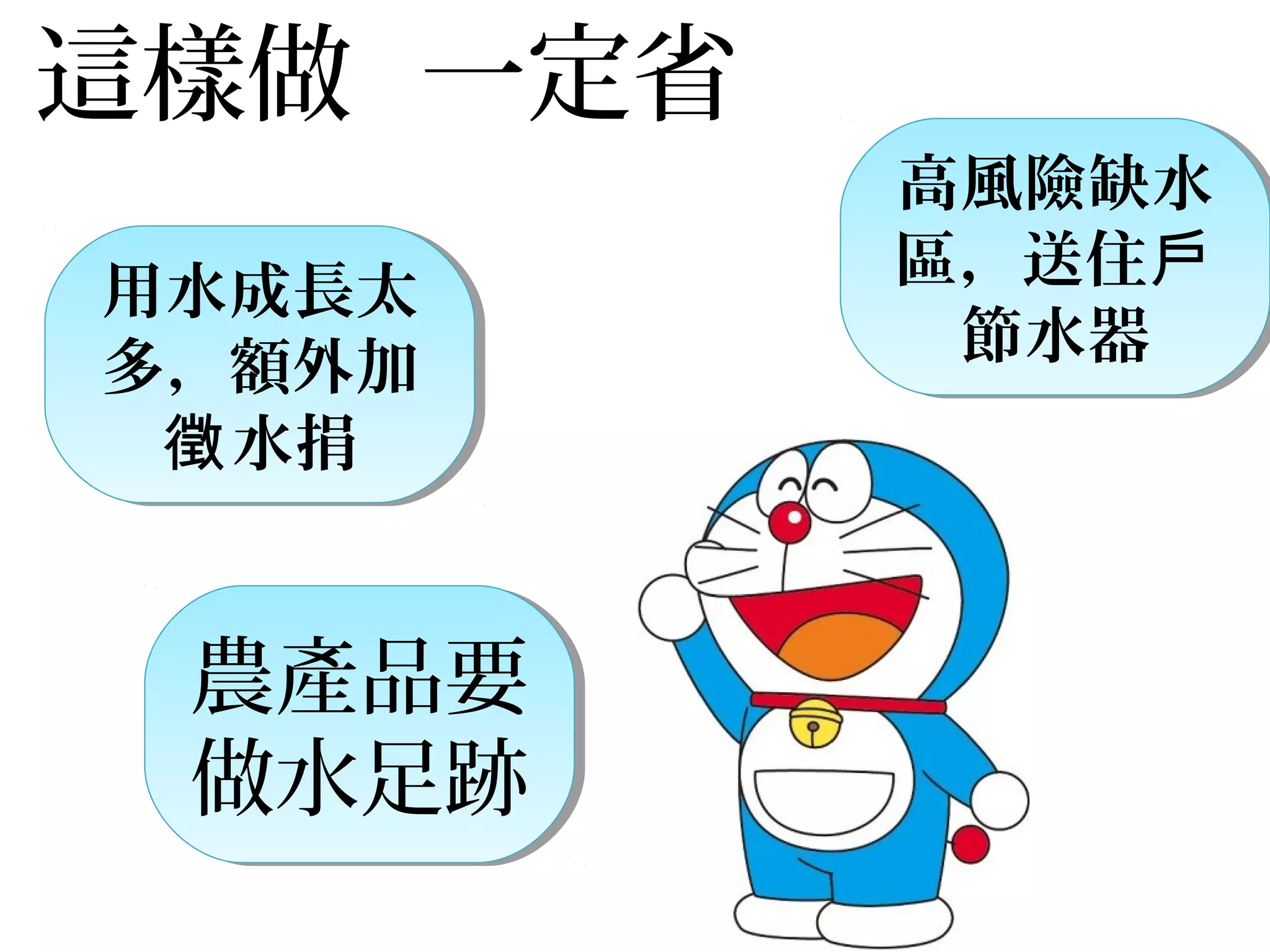 這樣做 一定省
農產品要
做水足跡
農產品要
做水足跡
用水成長太
多，額外加
水捐徵
用水成長太
多，額外加
水捐徵
高風險缺水
區，送住戶
節水器
高風險缺水
區，送住戶
節水器
 