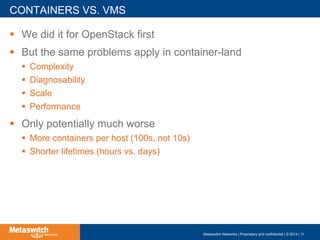 !  We did it for OpenStack first
!  But the same problems apply in container-land
!  Complexity
!  Diagnosability
!  Scale
!  Performance
!  Only potentially much worse
!  More containers per host (100s, not 10s)
!  Shorter lifetimes (hours vs. days)
CONTAINERS VS. VMS
Metaswitch Networks | Proprietary and confidential | © 2014 | 11
 