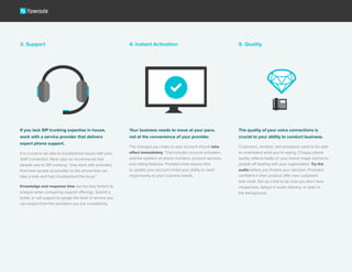 Your business needs to move at your pace,
not at the convenience of your provider.
The changes you make to your account should take
effect immediately. That includes account activation,
and the addition of phone numbers, account services,
and calling features. Providers that require time
to update your account inhibit your ability to react
responsively to your business needs.
The quality of your voice connections is
crucial to your ability to conduct business.
Customers, vendors, and prospects need to be able
to understand what you’re saying. Choppy phone
quality reflects badly on your brand image and turns
people off dealing with your organization. Try the
audio before you finalize your decision. Providers
confident in their product offer new customers
test credit. Set up a trial to be sure you don’t hear
choppiness, delays in audio delivery, or static in
the background.
If you lack SIP trunking expertise in house,
work with a service provider that delivers
expert phone support.
It is crucial to be able to troubleshoot issues with your
VoIP connection. Mark says he recommends that
people new to SIP trunking, “only work with providers
that have people accessible on the phone that can
take a look and help troubleshoot the issue.”
Knowledge and response time are two key factors to
analyze when comparing support offerings. Submit a
ticket, or call support to gauge the level of service you
can expect from the providers you are considering.
3. Support 4. Instant Activation 5. Quality
 