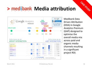> Media attribution
March 2015 © Datalicious Pty Ltd 56
Medibank Data
Driven Attribution
(DDA) in Google
Analytics Premium...