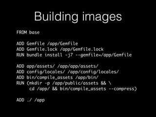 Building images
FROM base
ADD Gemfile /app/Gemfile
ADD Gemfile.lock /app/Gemfile.lock
RUN bundle install -j7 --gemfile=/app/Gemfile
ADD app/assets/ /app/app/assets/
ADD config/locales/ /app/config/locales/
ADD bin/compile_assets /app/bin/
RUN (mkdir -p /app/public/assets && 
cd /app/ && bin/compile_assets --compress)
ADD ./ /app
 