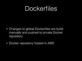 Dockerﬁles
• Changes to global Dockerﬁles are build
manually and pushed to private Docker
repository
• Docker repository hosted in AWS
 