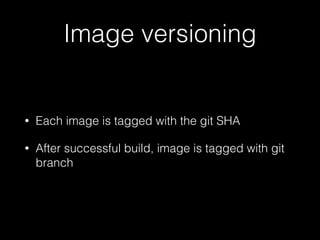 Image versioning
• Each image is tagged with the git SHA
• After successful build, image is tagged with git
branch
 