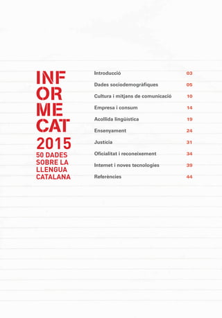 1
Introducció	 03
Dades sociodemogràfiques	 05
Cultura i mitjans de comunicació	 10
Empresa i consum	 14
Acollida lingüística	 19
Ensenyament	 24
Justícia	 31
Oficialitat i reconeixement	 34
Internet i noves tecnologies	 39
Referències	 44
INF
OR
ME
CAT
2015
50 DADES
SOBRE LA
LLENGUA
CATALANA
 