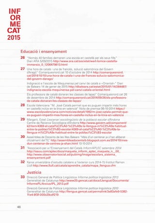 INF
OR
ME
CAT
2015
46
Educació i ensenyament
“Només 40 famílies demanen una escola en castellà per als seus fills”
Diari ARA 5/09/2015 http://www.ara.cat/societat/wert-lomce-castella-
immersio_0_1206479613.html
Una hora de català i una de francès, solució salomònica del Govern
d’Aragó” Comarquesnord.cat 10 d’octubre de 2014 http://comarquesnord.
cat/2014/10/10/una-hora-de-catala-i-una-de-frances-solucio-salomonica-
del-govern-darago/
Indignació a l’escola de Mequinensa pel canvi de català a «Oriental»” Diari
de Balears 14 de gener de 2015 http://dbalears.cat/estat/2015/01/14/284487/
indignacio-escola-mequinensa-pel-canvi-catala-oriental.html
Els professors de català donaran les classes de lapao” Comarquesnord.cat 26
de desembre de 2014 http://comarquesnord.cat/2014/09/26/els-professors-
de-catala-donaran-les-classes-de-lapao/
Escola Valenciana “M. José Català permet que es puguen impartir més hores
en castellà inclús en la línia en valencià” Nota de premsa 06-10-2014 https://
www.escolavalenciana.com/noticies/detall/1992/m-jose-catala-permet-que-
es-puguen-impartir-mes-hores-en-castella-inclus-en-la-linia-en-valencia
Margarit, Estel L’escenari sociolingüístic de la població escolar d’Andorra
Centre de Recerca Sociològica d’Andorra http://www.govern.ad/component/
k2/item/4369-el-catal%C3%A0-%C3%A9s-la-llengua-m%C3%A9s-habitual-
entre-la-poblaci%C3%B3-escolar/4369-el-catal%C3%A0-%C3%A9s-la-
llengua-m%C3%A9s-habitual-entre-la-poblaci%C3%B3-escolar
Assemblea de Docents de les Illes Balears “Més d’un centenar ja s’han alliberat
oficialment delTIL” http://assembleadocentsib.blogspot.com.es/2014/10/mes-
dun-centenar-de-centres-ja-shan.html 10-10-2014
“Associació per a l’Ensenyament del Català Inform’APLEC setembre 2014
http://issuu.com/aplec/docs/maqueta_inform_aplec_maqueta_n__00_
http://www.observatorisocial.ad/pubimg/Image/escolars_sistema_
ensenyament.pdf
Xarxa universitària d’estudis catalans a l’exterior curs 2014-15 Institut Ramon
Llull http://www.llull.cat/catala/aprendre_catala/mapa_llengua.cfm
Justícia
Direcció General de Política Lingüística Informe política lingüística 2013
Generalitat de Catalunya http://www20.gencat.cat/docs/Llengcat/Documents/
InformePL/Arxius/IPL_2013.pdf
Direcció General de Política Lingüística Informe política lingüística 2010
Generalitat de Catalunya http://llengua.gencat.cat/permalink/3a83afe9-5382-
11e4-8f3f-000c29cdf219
26
27
28
29
30
31
32
33
 