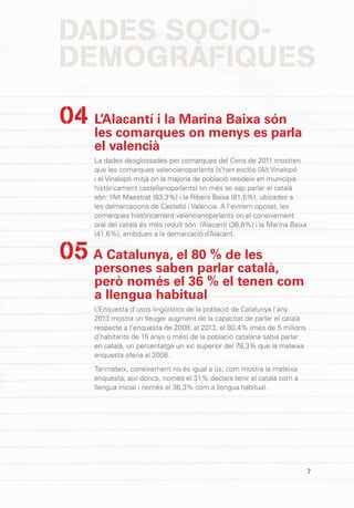 7
DADES SOCIO-
DEMOGRÀFIQUES
L’Alacantí i la Marina Baixa són
les comarques on menys es parla
el valencià
La dades desglossades per comarques del Cens de 2011 mostren
que les comarques valencianoparlants (s’han exclòs l’Alt Vinalopó
i el Vinalopó mitjà on la majoria de població resideix en municipis
històricament castellanoparlants) on més se sap parlar el català
són: l’Alt Maestrat (83,3%) i la Ribera Baixa (81,5%), ubicades a
les demarcacions de Castelló i València. A l’extrem oposat, les
comarques històricament valencianoparlants on el coneixement
oral del català és més reduït són: l’Alacantí (36,8%) i la Marina Baixa
(41,6%), ambdues a la demarcació d’Alacant.
A Catalunya, el 80 % de les
persones saben parlar català,
però només el 36 % el tenen com
a llengua habitual
L’Enquesta d’usos lingüístics de la població de Catalunya l’any
2013 mostra un lleuger augment de la capacitat de parlar el català
respecte a l’enquesta de 2008: al 2013, el 80,4% (més de 5 milions
d’habitants de 15 anys o més) de la població catalana sabia parlar
en català, un percentatge un xic superior del 78,3% que la mateixa
enquesta oferia al 2008.
Tanmateix, coneixement no és igual a ús, com mostra la mateixa
enquesta; així doncs, només el 31% declara tenir el català com a
llengua inicial i només el 36,3% com a llengua habitual.
04
05
 
