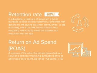 Retention rate
In advertising, a measure of how much a brand
manages to keep existing customers, sometimes with
dimensions measuring customer activity levels. In app
marketing, retention rates have to do with how
frequently and recently a user has opened and
interacted with the app.
Return on Ad Spend
(ROAS)
A measure of the ratio of revenues generated as a
result of a particular marketing campaign relative to
advertising costs spent. (Revenue / Ad Spend) x 100
 