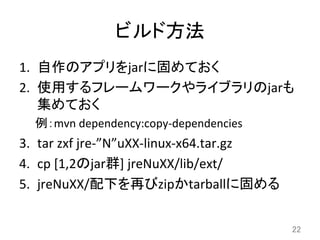 ビルド方法	
1.  自作のアプリをjarに固めておく	
  
2.  使用するフレームワークやライブラリのjarも
集めておく	
  
例：mvn	
  dependency:copy-­‐dependencies	
  
3.  tar	
  zxf	
  jre-­‐”N”uXX-­‐linux-­‐x64.tar.gz	
  	
  
4.  cp	
  [1,2のjar群]	
  jreNuXX/lib/ext/	
  
5.  jreNuXX/配下を再びzipかtarballに固める	
22	
 