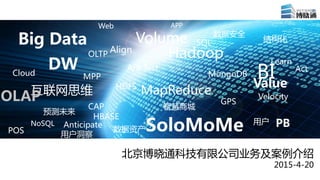 Big Data
DW
Web APP
Volume
Hadoop Learn
BI
SoloMoMe
MapReduce
用户洞察
预测未来
互联网思维
数据安全
用户
数据资产
智慧商城
结构化
Value
Cloud
HBASE
HDFS
MongoDB
Velocity
PB
SQL
Anticipate
POS
NoSQL
A/B Test
OLTP
GPS
MPP
OLAP
Align
Act
CAP
北京博晓通科技有限公司业务及案例介绍
2015-4-20
 