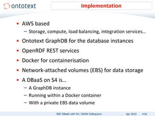 • AWS based
– Storage, compute, load balancing, integration services…
• Ontotext GraphDB for the database instances
• OpenRDF REST services
• Docker for containerisation
• Network-attached volumes (EBS) for data storage
• A DBaaS on S4 is…
– A GraphDB instance
– Running within a Docker container
– With a private EBS data volume
Implementation
#18RDF DBaaS with S4 / AKSW Colloquium Apr 2015
 