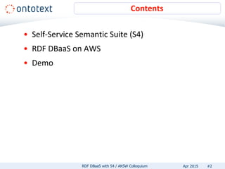 • Self-Service Semantic Suite (S4)
• RDF DBaaS on AWS
• Demo
Contents
#2RDF DBaaS with S4 / AKSW Colloquium Apr 2015
 