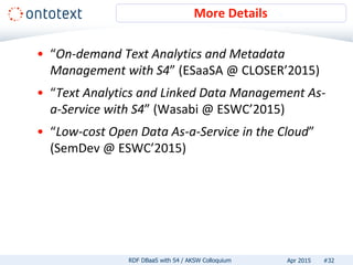 • “On-demand Text Analytics and Metadata
Management with S4” (ESaaSA @ CLOSER’2015)
• “Text Analytics and Linked Data Management As-
a-Service with S4” (Wasabi @ ESWC’2015)
• “Low-cost Open Data As-a-Service in the Cloud”
(SemDev @ ESWC’2015)
More Details
#32RDF DBaaS with S4 / AKSW Colloquium Apr 2015
 