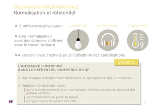 Conférence Bureaux Expo 2015 | Quel écosystème ergonomique 18/05/2015 13
> 3 ambiances physiques :
> Une normalisation
avec des données chiffrées
pour le travail tertiaire
>A associer avec l’activité pour l’utilisation des spécifications
ERGONOMIE ENVIRONNEMENTALE
Normalisation et référentiel
Conférence Bureaux Expo 2015 | Majencia / EDF
L’AMBIANCE LUMINEUSE
DANS LE REFRENTIEL COMMERCE D’EDF
> Des niveaux d’éclairement minimums et un équilibre des luminances
> Implique de faire des choix
│ sur le type de luminaire et sur les facteurs réflexions du plan de travail et des
grandes surfaces
│ sur l’implantation du poste de travail,
│ en rapport avec la lumière naturelle…
EXEMPLE
 