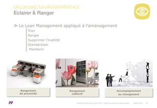 > Le Lean Management appliqué à l’aménagement
│Trier
│Ranger
│Supprimer l’inutilité
│Standardiser
│ Maintenir
ERGONOMIE ENVIRONNEMENTALE
Eclairer & Ranger
Rangement
de proximité
Rangement
collectif
Accompagnement
au changement
Conférence Bureaux Expo 2015 | Quel écosystème ergonomique 18/05/2015 16
 