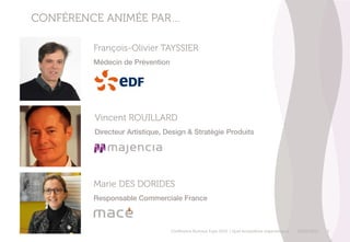 CONFÉRENCE ANIMÉE PAR…
Marie DES DORIDES
Responsable Commerciale France
François-Olivier TAYSSIER
Médecin de Prévention
Conférence Bureaux Expo 2015 | Quel écosystème ergonomique 18/05/2015 2
Vincent ROUILLARD
Directeur Artistique, Design & Stratégie Produits
 