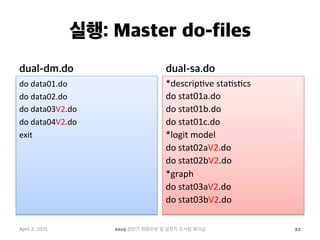 실행: Master do-files
dual-dm.do
do	
  data01.do	
  
do	
  data02.do	
  
do	
  data03V2.do	
  
do	
  data04V2.do	
  
exit	
  
dual-sa.do
*descrip1ve	
  sta1s1cs	
  
do	
  stat01a.do	
  
do	
  stat01b.do	
  
do	
  stat01c.do	
  
*logit	
  model	
  
do	
  stat02aV2.do	
  
do	
  stat02bV2.do	
  
*graph	
  
do	
  stat03aV2.do	
  
do	
  stat03bV2.do	
  
April 2, 2015 2015 상반기 퇴원손상 및 심정지 조사팀 워크샵 21
 