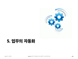 5. 업무의 자동화
April 2, 2015 2015 상반기 퇴원손상 및 심정지 조사팀 워크샵 29
 