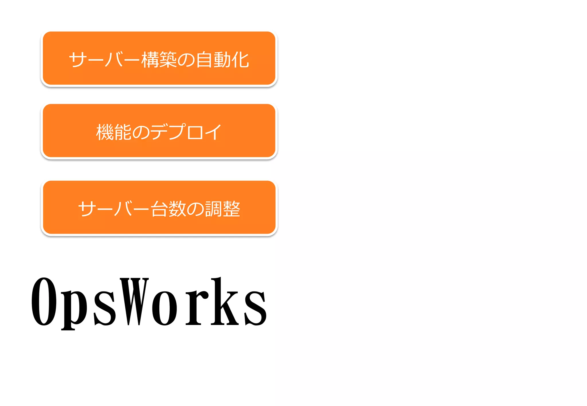サーバー構築の自動化
機能のデプロイ
サーバー台数の調整
OpsWorks
 