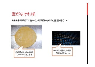 型がなければ	
この辺がたぶん次の
クッキーだと、思う	
そもそも何がどこにあって、何がどれなのか、整理できない	
0〜80bit目が文字列
だったような。。。	
 