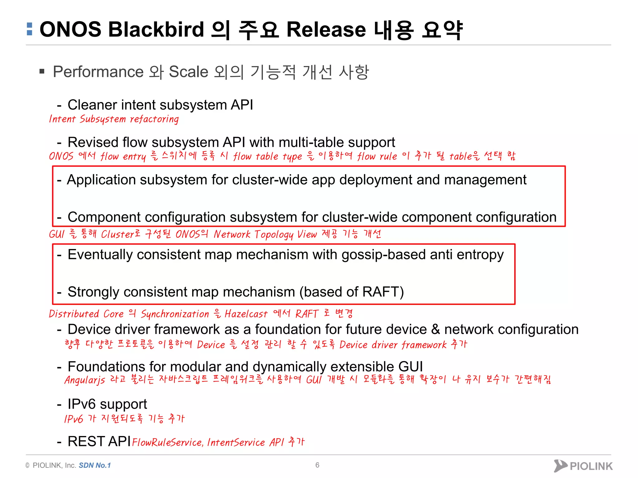 © PIOLINK, Inc. SDN No.1
ONOS Blackbird 의 주요 Release 내용 요약
 Performance 와 Scale 외의 기능적 개선 사항
- Cleaner intent subsystem API
- Revised flow subsystem API with multi-table support
- Application subsystem for cluster-wide app deployment and management
- Component configuration subsystem for cluster-wide component configuration
- Eventually consistent map mechanism with gossip-based anti entropy
- Strongly consistent map mechanism (based of RAFT)
- Device driver framework as a foundation for future device & network configuration
- Foundations for modular and dynamically extensible GUI
- IPv6 support
- REST API
6
Distributed Core 의 Synchronization 을 Hazelcast 에서 RAFT 로 변경
Angularjs 라고 불리는 자바스크립트 프레임워크를 사용하여 GUI 개발 시 모듈화를 통해 확장이 나 유지 보수가 간편해짐
GUI 를 통해 Cluster로 구성된 ONOS의 Network Topology View 제공 기능 개선
Intent Subsystem refactoring
ONOS 에서 flow entry 를 스위치에 등록 시 flow table type 을 이용하여 flow rule 이 추가 될 table을 선택 함
IPv6 가 지원되도록 기능 추가
향후 다양한 프로토콜을 이용하여 Device 를 설정 관리 할 수 있도록 Device driver framework 추가
FlowRuleService, IntentService API 추가
 