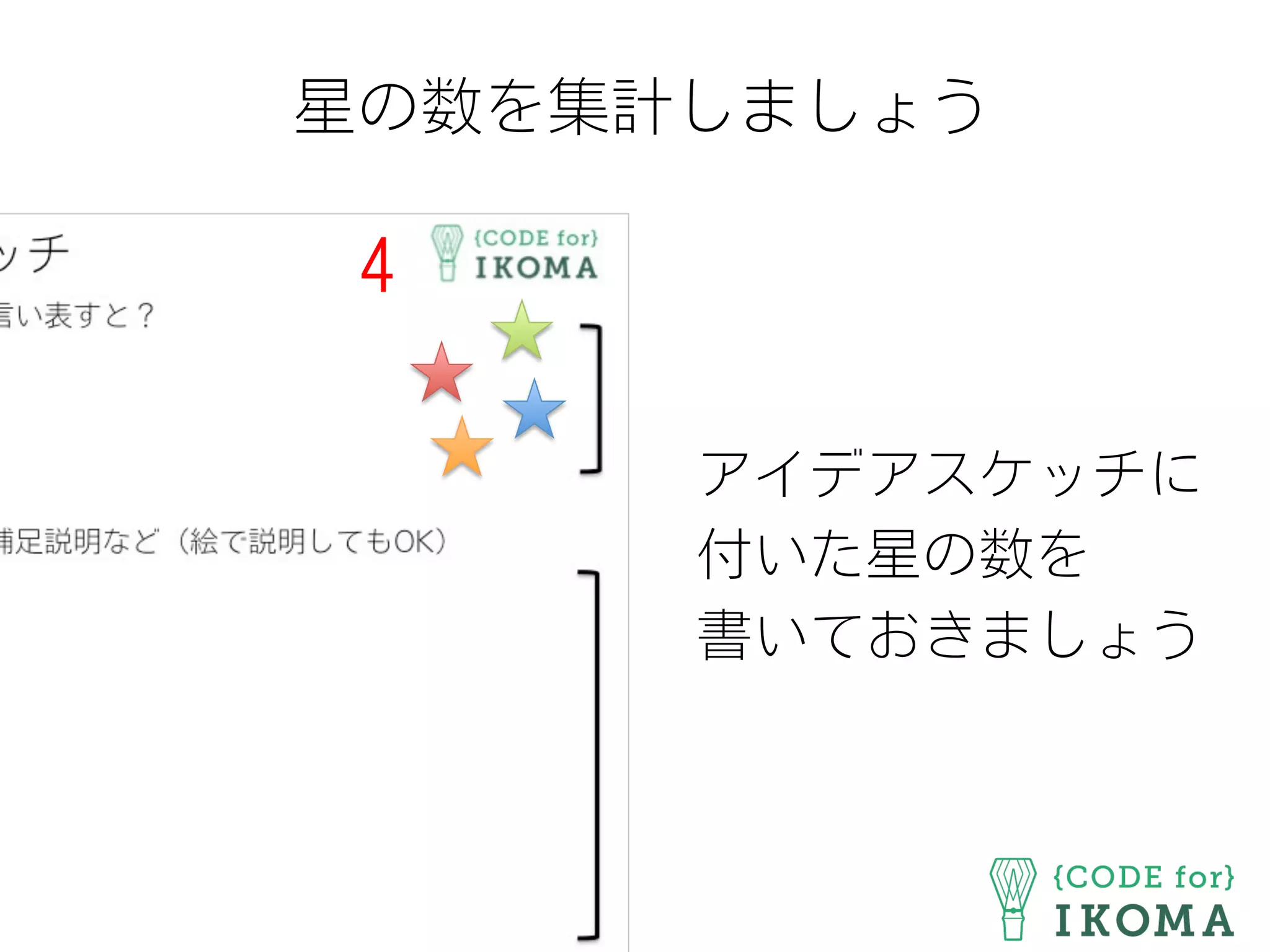 星の数を集計しましょう
アイデアスケッチに
付いた星の数を
書いておきましょう
４
 