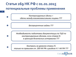 Статья 269 НК РФ с 01.01.2015
потенциальные проблемы применения
9
Контролируемые сделки =
сделки между взаимозависимыми лицами ???
Беспроцентные займы ???
Необходимость подготовки документации по ТЦО по
контролируемым сделкам, если ставка %
в границах безопасных интервалов ???
➋
➊
➌
Контроль за уровнем ставки %
только по правилам ст. 269 НК РФ и раздела V.1 НК РФ ???
➍
 