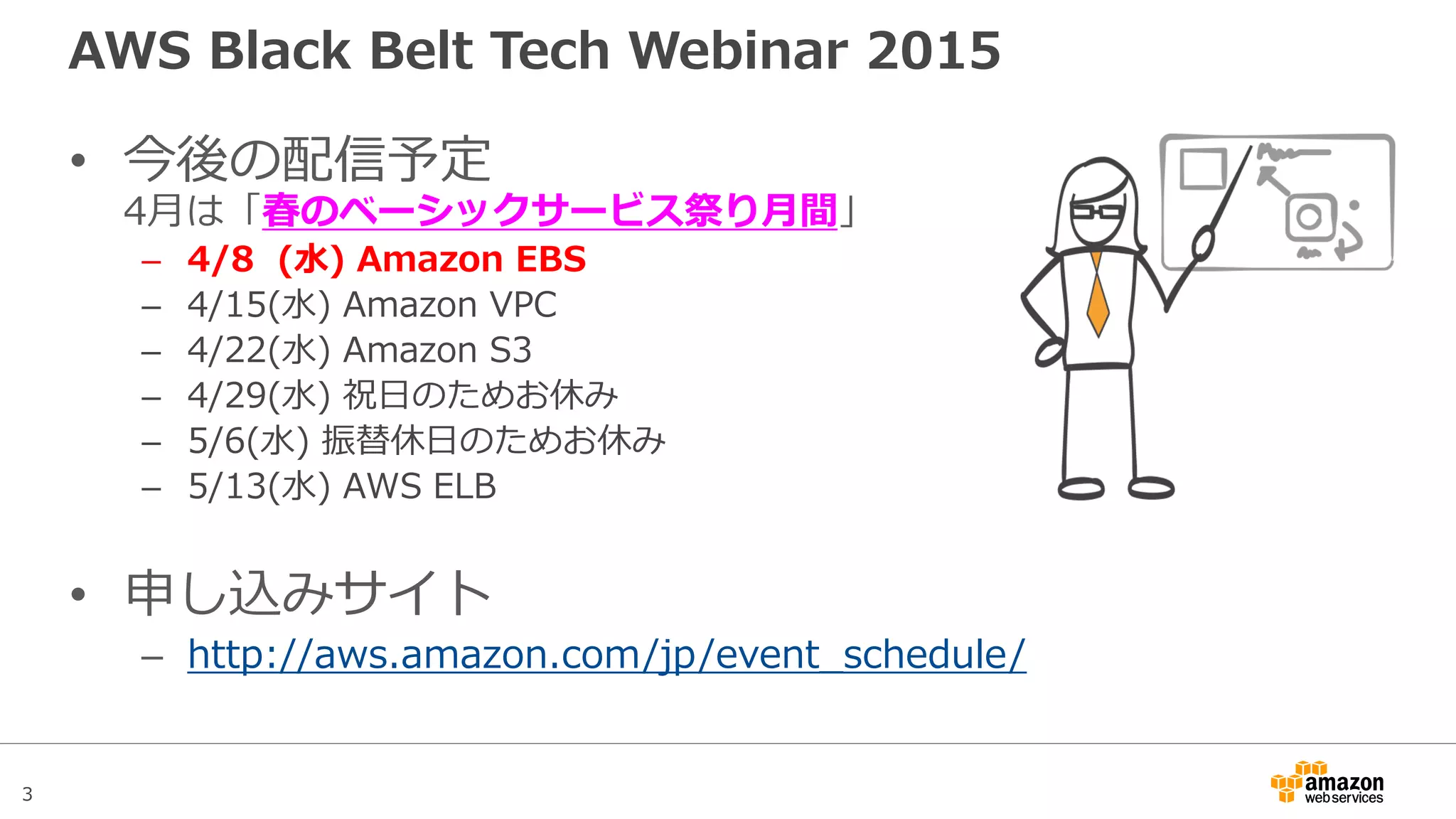 3
アジェンダ
• Amazon Elastic Block Store(EBS)概要
• Snapshotと暗号化
• パフォーマンス
– EBSのボリュームタイプ
– EBS最適化インスタンス
– パフォーマンスに関するTips
• 料金
• まとめ
 