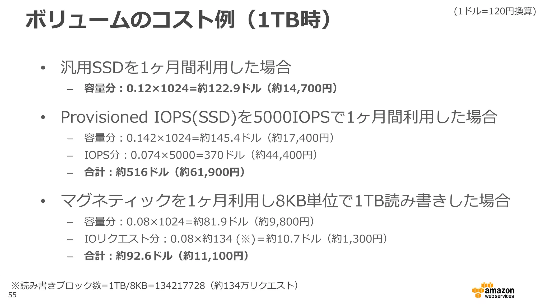 55
アジェンダ
• Amazon Elastic Block Store(EBS)概要
• Snapshotと暗号化
• パフォーマンス
– EBSのボリュームタイプ
– EBS最適化インスタンス
– パフォーマンスに関するTips
• 料金
• まとめ
 