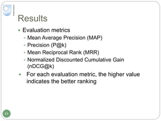 Results
 Evaluation metrics
 Mean Average Precision (MAP)
 Precision (P@k)
 Mean Reciprocal Rank (MRR)
 Normalized Discounted Cumulative Gain
(nDCG@k)
 For each evaluation metric, the higher value
indicates the better ranking
41
 