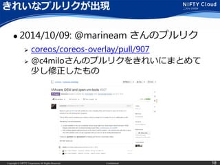 Copyright © NIFTY Corporation All Rights Reserved. Confidential 18
きれいなプルリクが出現
 2014/10/09: @marineam さんのプルリク
 coreos/coreos-overlay/pull/907
 @c4miloさんのプルリクをきれいにまとめて
少し修正したもの
 