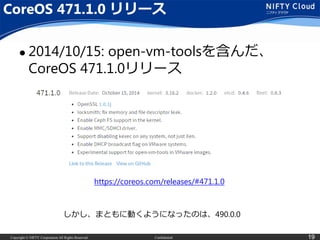Copyright © NIFTY Corporation All Rights Reserved. Confidential 19
CoreOS 471.1.0 リリース
 2014/10/15: open-vm-toolsを含んだ、
CoreOS 471.1.0リリース
https://coreos.com/releases/#471.1.0
しかし、まともに動くようになったのは、490.0.0
 