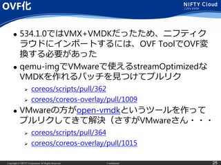 Copyright © NIFTY Corporation All Rights Reserved. Confidential 25
OVF化
 534.1.0ではVMX+VMDKだったため、ニフティク
ラウドにインポートするには、OVF ToolでOVF変
換する必要があった
 qemu-imgでVMwareで使えるstreamOptimizedな
VMDKを作れるパッチを見つけてプルリク
 coreos/scripts/pull/362
 coreos/coreos-overlay/pull/1009
 VMwareの方がopen-vmdkというツールを作って
プルリクしてきて解決（さすがVMwareさん・・・
 coreos/scripts/pull/364
 coreos/coreos-overlay/pull/1015
 