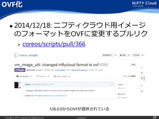 Copyright © NIFTY Corporation All Rights Reserved. Confidential 26
OVF化
 2014/12/18: ニフティクラウド用イメージ
のフォーマットをOVFに変更するプルリク
 coreos/scripts/pull/366
536.0.0からOVFが提供されている
 