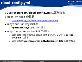 Copyright © NIFTY Corporation All Rights Reserved. Confidential 32
cloud-config.yml
 /usr/share/oem/cloud-config.yml に置かれる
 open-vm-tools の起動
 coreos-overlay/app-emulation/open-vm-tools
 niftycloud-ssh-key の実行
 update-ssh-keys コマンドに渡す
 niftycloud-coreos-cloudinit の実行
 user-data で受け取った cloud-config やスクリプトを coreos-
cloudinit に渡す
 user-dataは /var/lib/coreos-niftycloud/user-data に置かれる
 