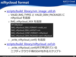 Copyright © NIFTY Corporation All Rights Reserved. Confidential 34
niftycloud format
 scripts/build_library/vm_image_util.sh
 VALID_IMG_TYPES と VALID_OEM_PACKAGES に
niftycloud を追加
 IMG_niftycloud_XXX を追加
 _write_niftycloud_conf() を追加
 scripts/build_library/niftycloud_ovf.sh
 _write_niftycloud_conf()内で呼ばれている
ニフティクラウド用のOVFを作るスクリプト
## niftycloud
IMG_niftycloud_DISK_FORMAT=vmdk_scsi
IMG_niftycloud_DISK_LAYOUT=vm
IMG_niftycloud_CONF_FORMAT=niftycloud
IMG_niftycloud_OEM_PACKAGE=oem-niftycloud
 