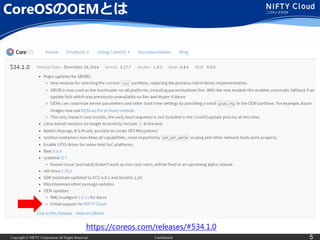 Copyright © NIFTY Corporation All Rights Reserved. Confidential 5
CoreOSのOEMとは
https://coreos.com/releases/#534.1.0
 